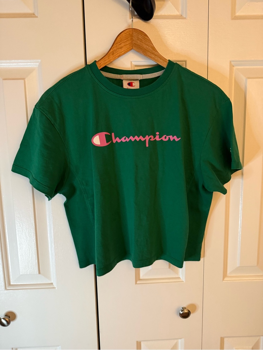 Champion Green Cropped Tee with Pink Logo